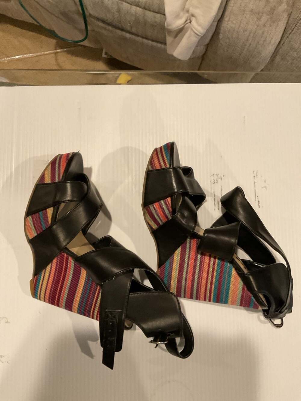 Unlisted Black Strappy Platform Wedge Sandals with Colorful Striped Heels